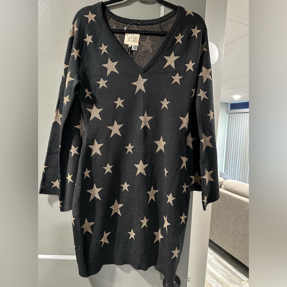 Chaser Women's gorgeous black and gold knit dress. Medium. Bell sleeves. NWT